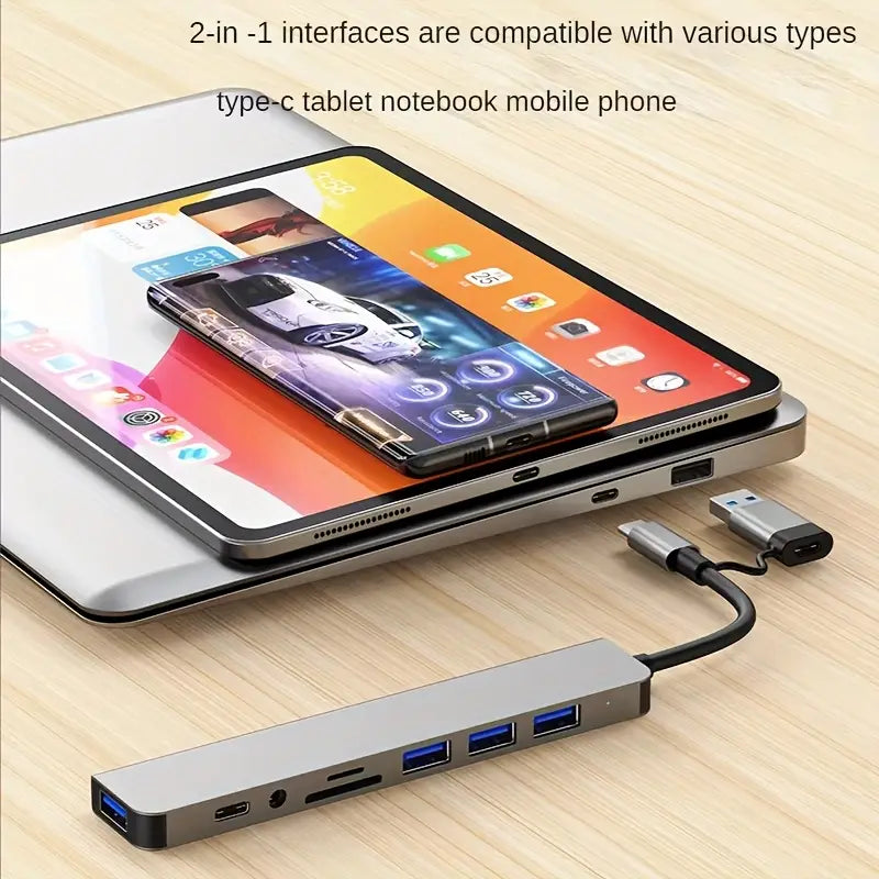 Docking Hub 20.32 cm | 2 Type-C + USB 3.0 + Card Reader (TF/SD) + 3.5mm Audio Jack